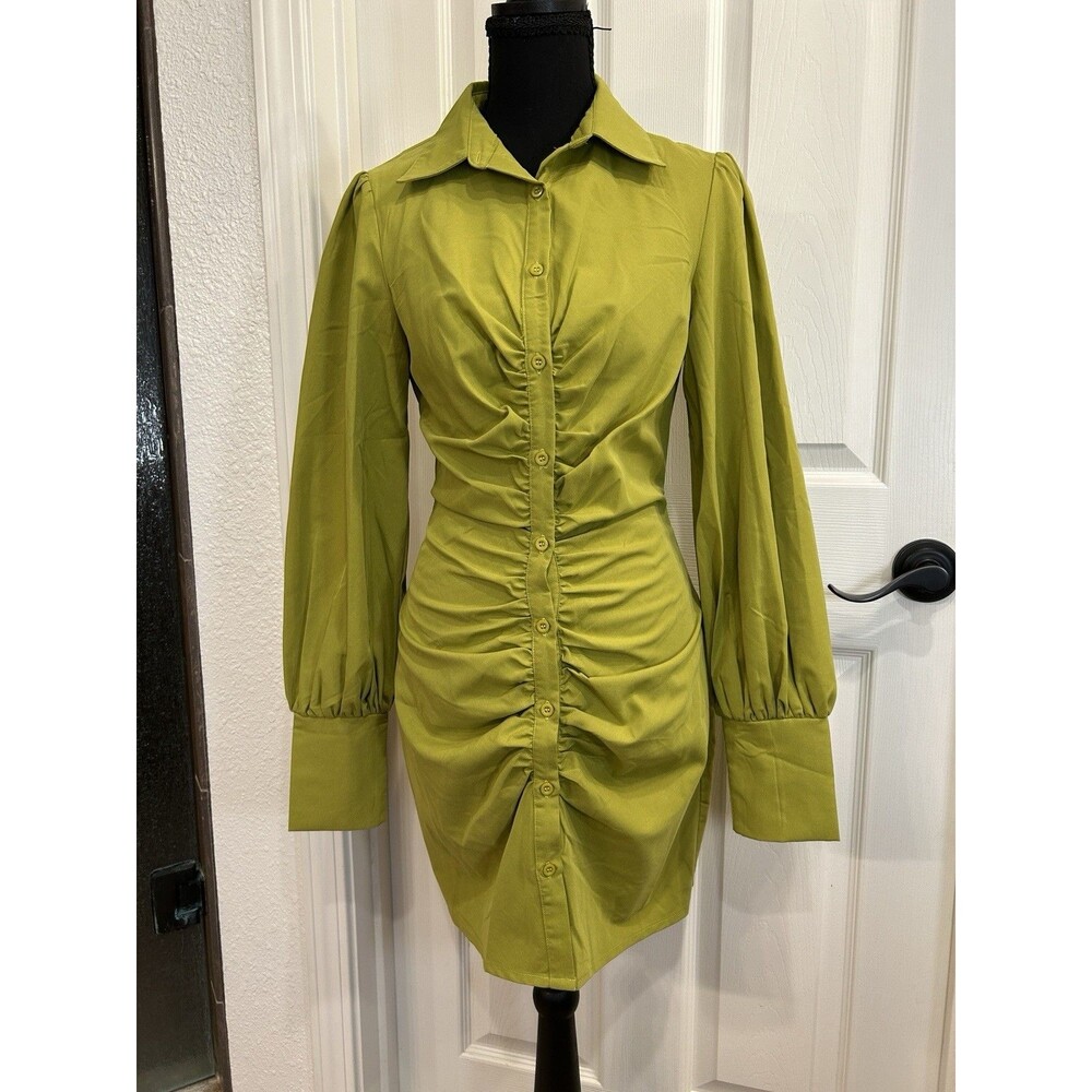 PrettyLittleThing Green Ruched Button Front Mini Bodycon Dress Womens Sz 4